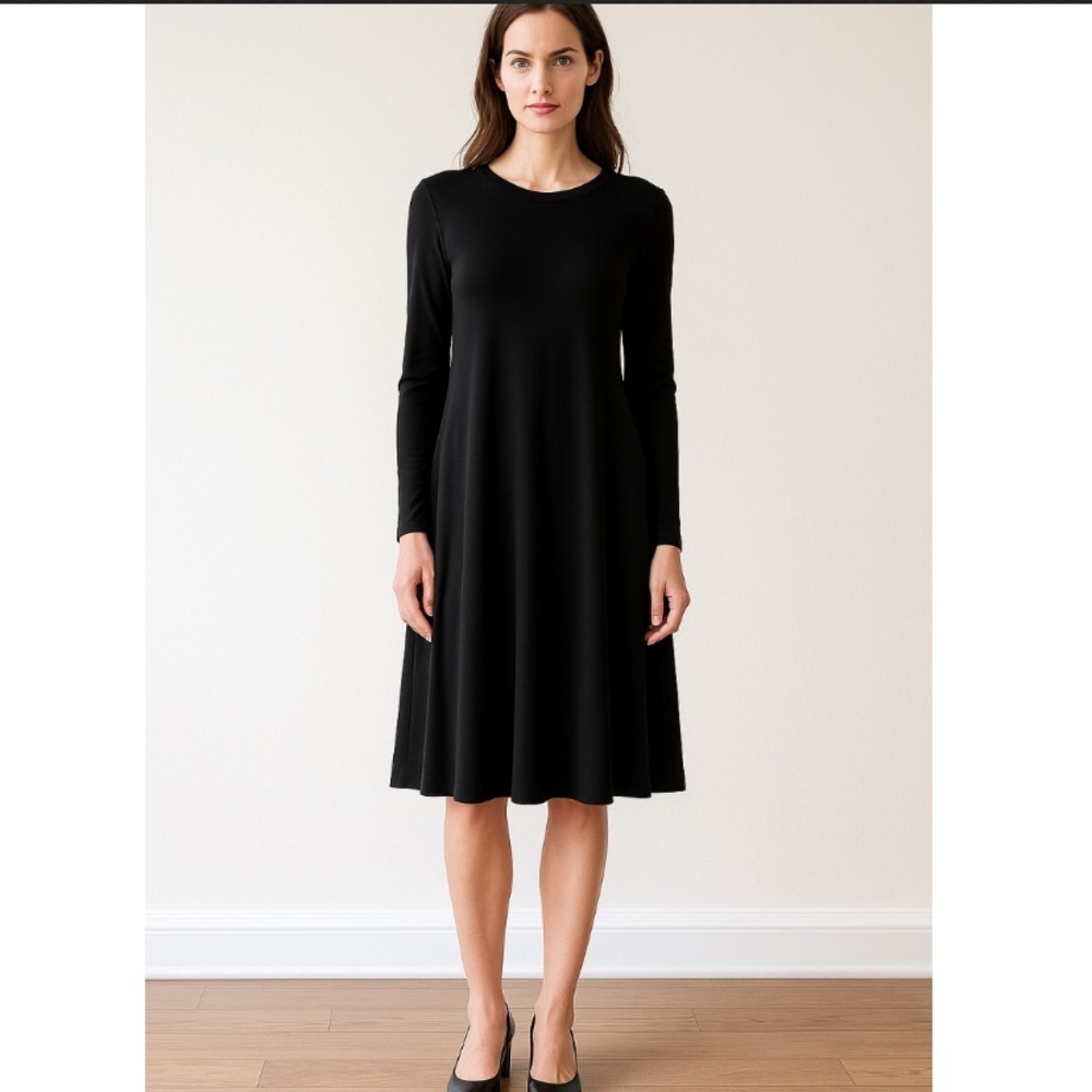 Norma Kamali Swing Crew Dress  Black –Long Sleeve Midi Length Large